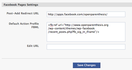Facebook Settings for Pages, with Default FBML (Note: FBML here is for this blog - yours will be different)