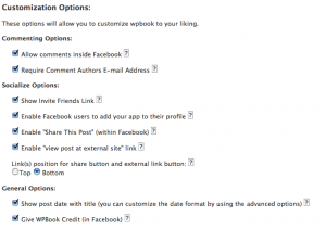 Options available within WPBook for customizing the user's experience