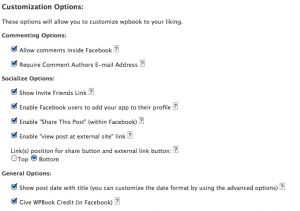 customization Options available within WPBook for customizing the user's experience