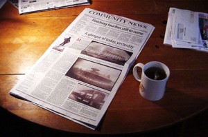 Newspaper and tea <br />(Photo by Matt Callow, cc-by-sa license, click through for details)