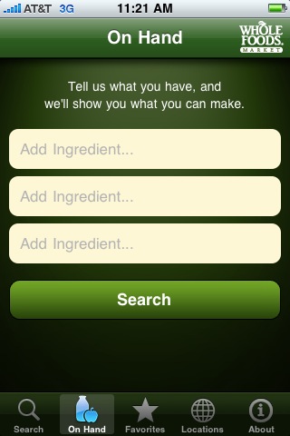 Whole Foods' recipes application provides a store locator, but also lets you locate recipes matching what you have on hand